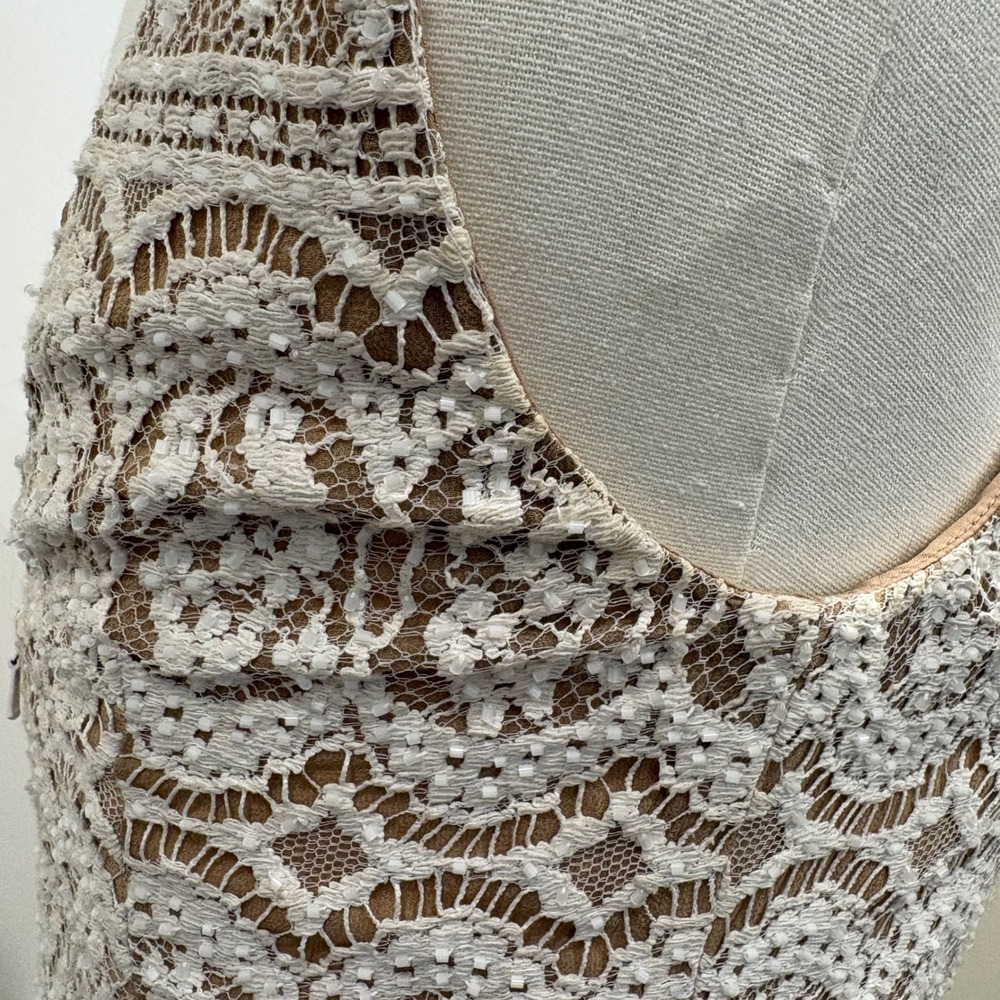 VTG 90s NiteLine White Lace Beaded Tan Mini Dress 2 Bridal Goth Witchy Coquette - Picture 12 of 16